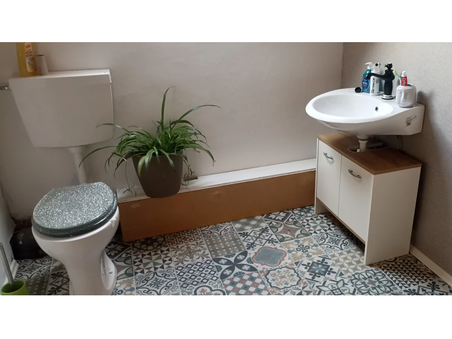 Badezimmer mit Toilette und Waschbecken