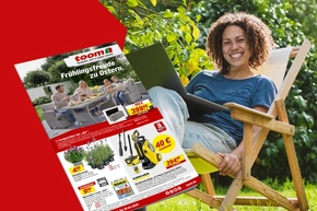 Eine lächelnde Person sitzt im Gartenstuhl, daneben ist ein Werbeprospekt eingeblendet.