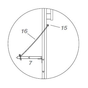 Technische Zeichnung einer klappbaren Halterung, die mit einem Seil gesichert ist.