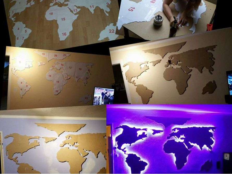 Toom Kreativwerkstatt Weltkarte An Der Wand Beleuchtet Der kurze abstand von der wand macht die karte zu. toom kreativwerkstatt weltkarte an
