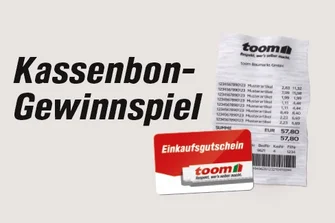 Schriftzug Kassenbon-Gewinnspiel neben einem Kassenbon und einem Einkaufsgutschein.