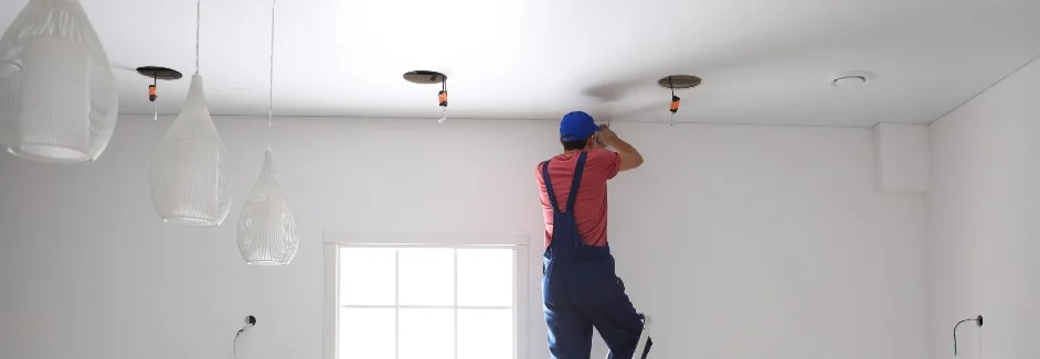 Person auf Leiter montiert Leuchte