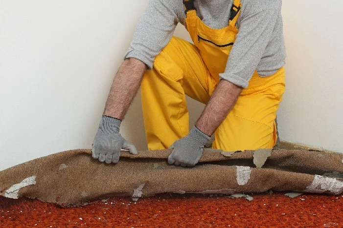 Person entfernt alten Teppichboden