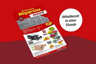 Ein Werbeprospekt mit Angeboten für einen Gartenzaun, einen Rasenmäher, Blumen und Terrassendielen.