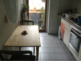 Ein heller Raum mit Esstisch und offener Küche.