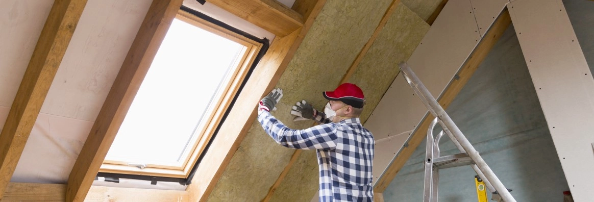 Eine Person bringt Dämmung an einer Dachschräge neben einem Dachfenster an.