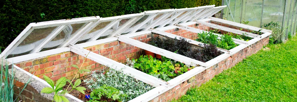 Frühbeet aus Ziegelsteinen mit geöffneten Fenstern