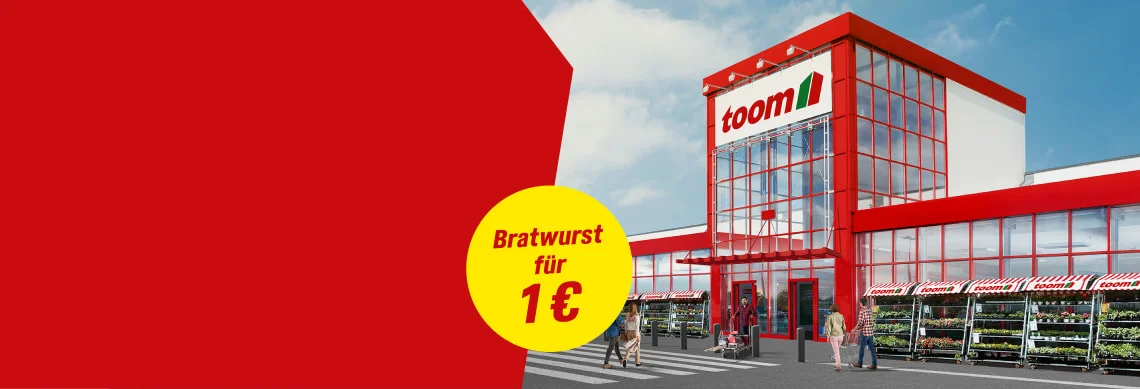 Außenansicht eines Baumarkts mit Menschen davor und einem Bratwurst-Angebot.