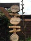 Wegweiser aus Holzschildern im Garten