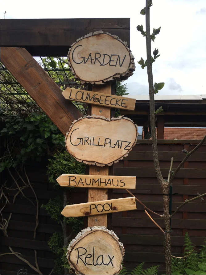 Wegweiser aus Holzschildern im Garten