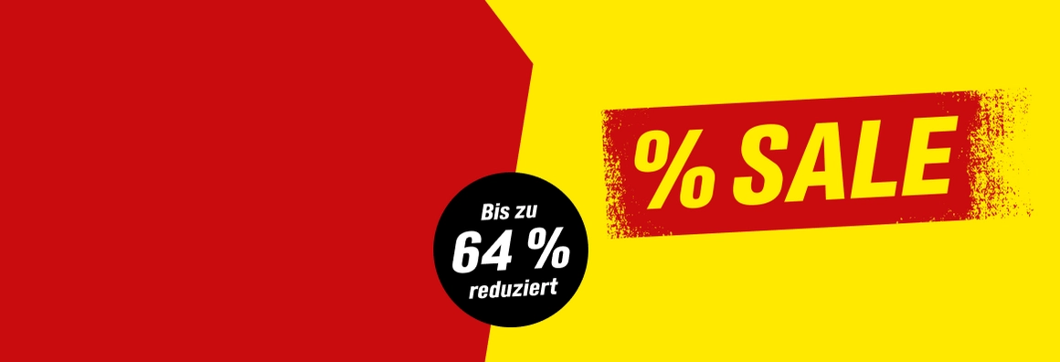 Ein rot-gelbes Sale-Banner mit dem Hinweis "Bis zu 64 % reduziert".
