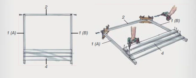 Aufbauanleitung eines Gestells, das mit einem Akkuschrauber montiert wird.