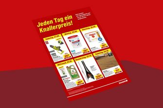 Ein roter Werbeprospekt mit täglichen Angeboten aus dem Baumarkt.