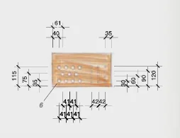 Technische Zeichnung einer Holzplatte mit Bohrlöchern und Maßangaben.