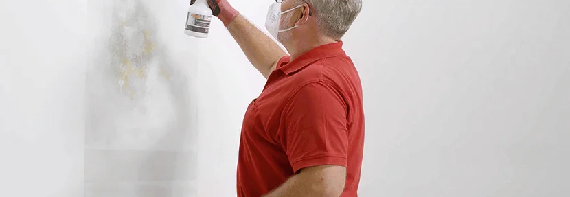 Person trägt mit Sprühflasche Flüssigkeit auf