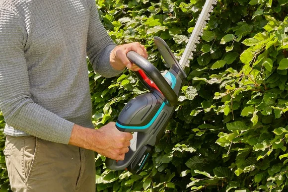 Person schneidet Hecke mit elektrischer Heckenschere