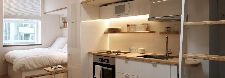 Eine kleine moderne Wohnung mit kombiniertem Wohn- und Küchenbereich.