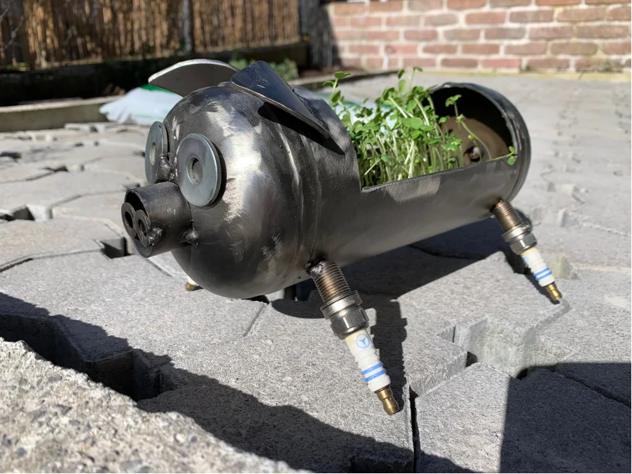 Metallschwein als Blumentopf
