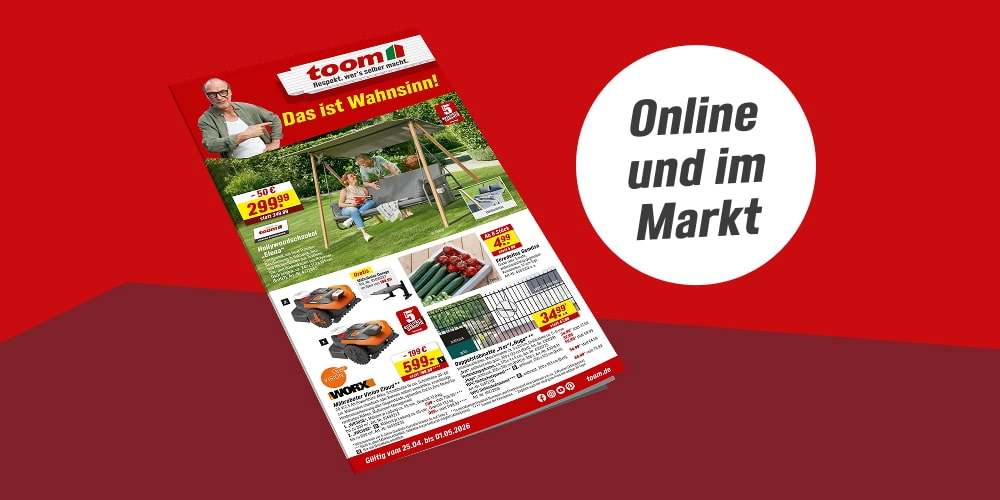 Online und im Markt. Ein Werbeprospekt mit Gartenartikeln auf rotem Hintergrund.
