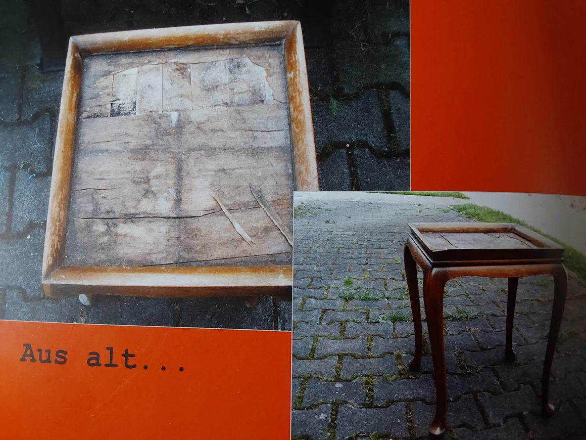 Vorher-Nachher-Bild eines restaurierten Holztisches.