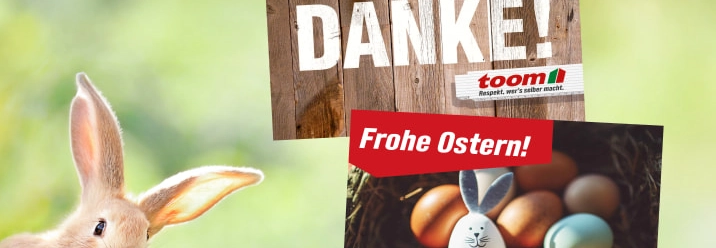 Ein Kaninchen und eine Karte mit der Aufschrift "Frohe Ostern!"