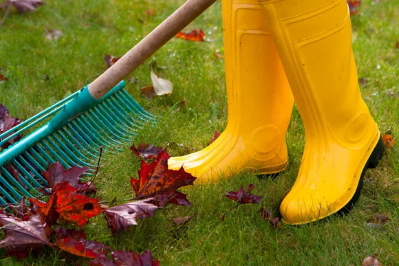 Gelbe Gummistiefel und ein Rechen auf dem Rasen