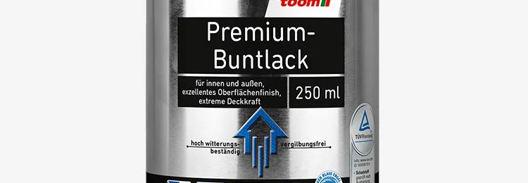 Silberne Farbdose mit blauem Etikett und Aufschrift 'Premium-Buntlack'