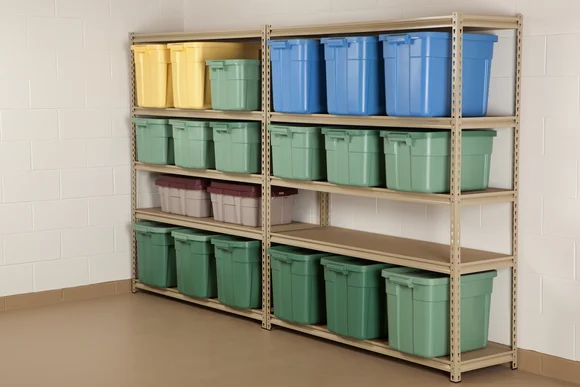 Metallregal mit bunten Plastikboxen