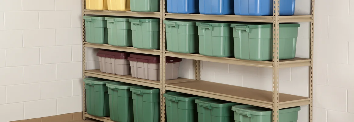 Metallregal mit bunten Plastikboxen