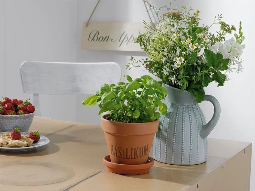 Basilikum und Blumenstrauß auf einem Tisch