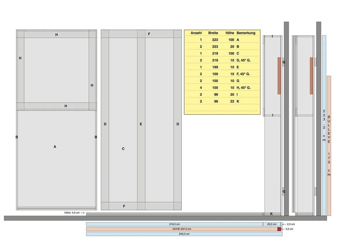 Technische Zeichnung eines Gartenhauses mit Maßen und Beschriftungen