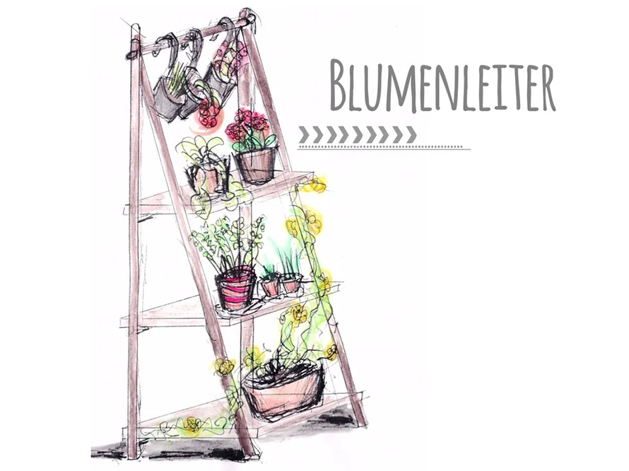 Blumenleiter aus Holz mit Topfpflanzen