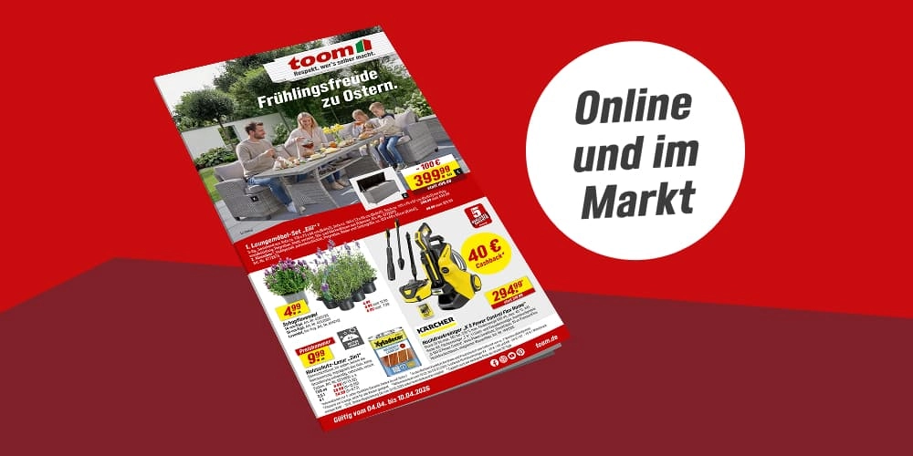 Ein Baumarkt-Prospekt mit Frühlingsangeboten auf rotem Hintergrund.