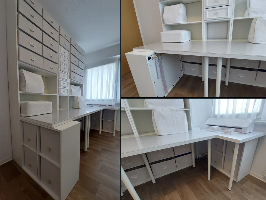 Ein großer weißer Nähtisch mit viel Stauraum