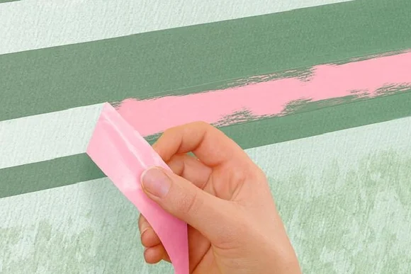 Hand entfernt Klebeband von Wand