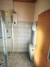 Kleines Badezimmer mit Dusche, Heizkörper und Holztür