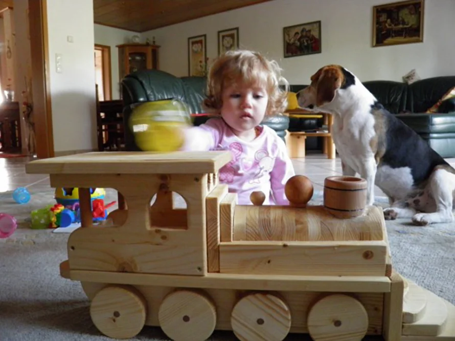 Kleinkind und Hund mit Holzspielzeug