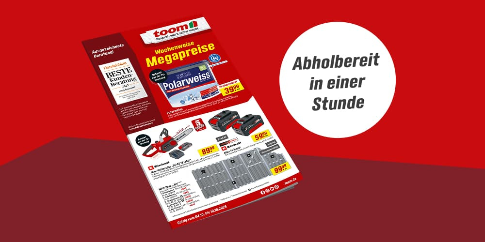 Ein Werbeprospekt mit Angeboten für eine Kettensäge, Farbe und Akkus.