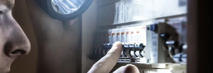 Person mit Taschenlampe am Sicherungskasten