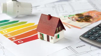 Miniaturhaus mit Energieausweis, Geld und Taschenrechner.