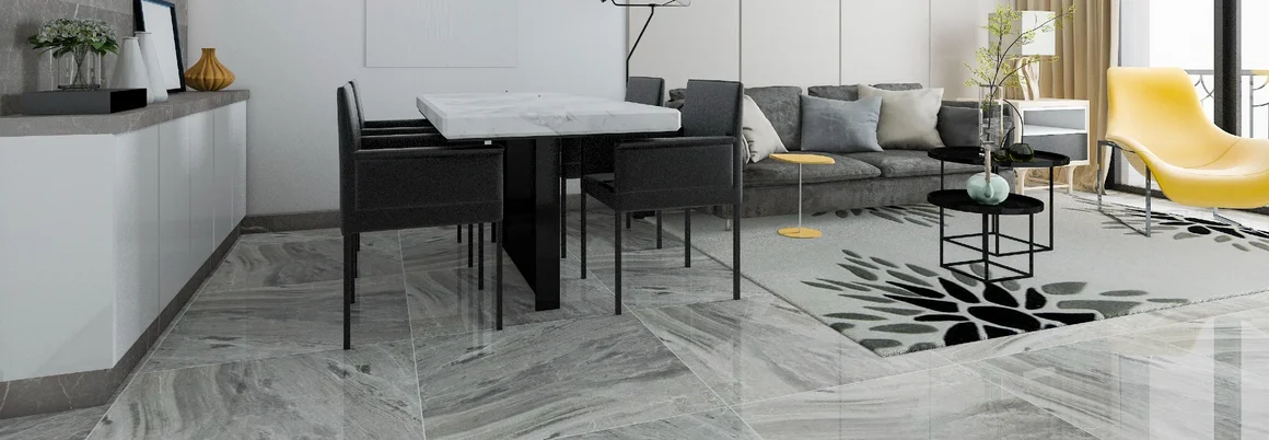 Wohnzimmer mit Essbereich und Fliesenboden