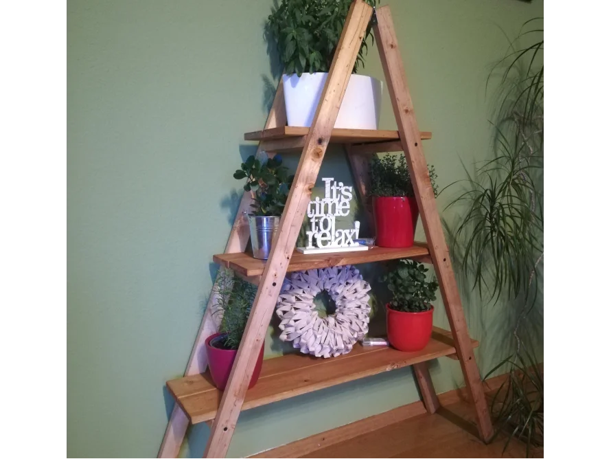 Holzregal in A-Form mit Pflanzen