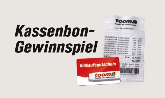 Schriftzug Kassenbon-Gewinnspiel neben einem Kassenbon und einem Einkaufsgutschein.