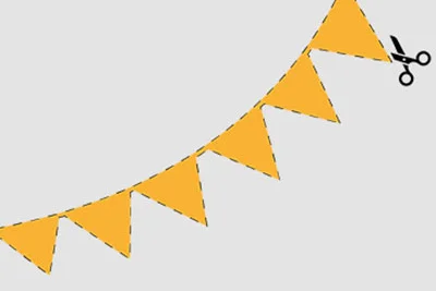 Gelbe Wimpelkette wird mit Schere getrennt