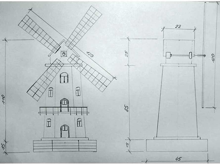 Technische Zeichnung einer Windmühle mit Abmessungen