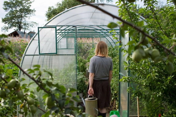 Person mit Gießkanne vor Gewächshaus