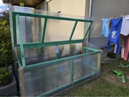 Kleines Gewächshaus aus Holz und Kunststoff