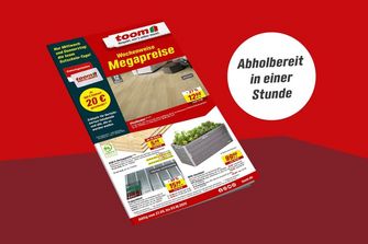 Aktueller Werbeprospekt eines Baumarktes auf einem roten Hintergrund.