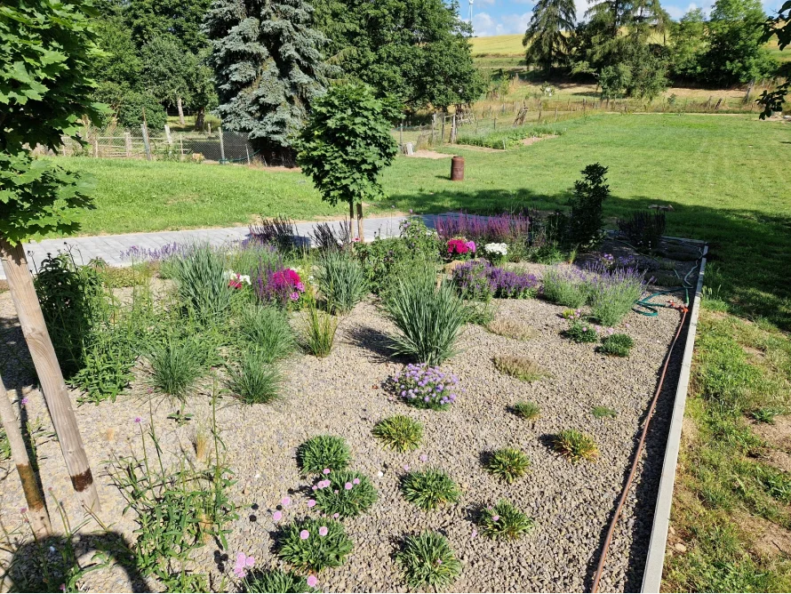 Neu angelegtes Blumenbeet mit Schlauch