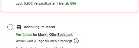 Screenshot der Versandoptionen in einem Online-Shop.